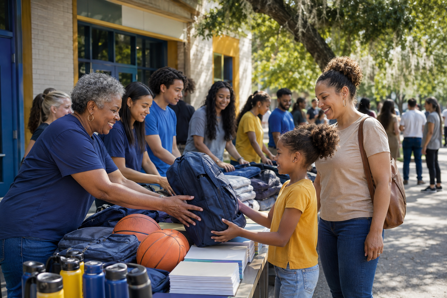 Volunteers handing out backpacks and supplies to families