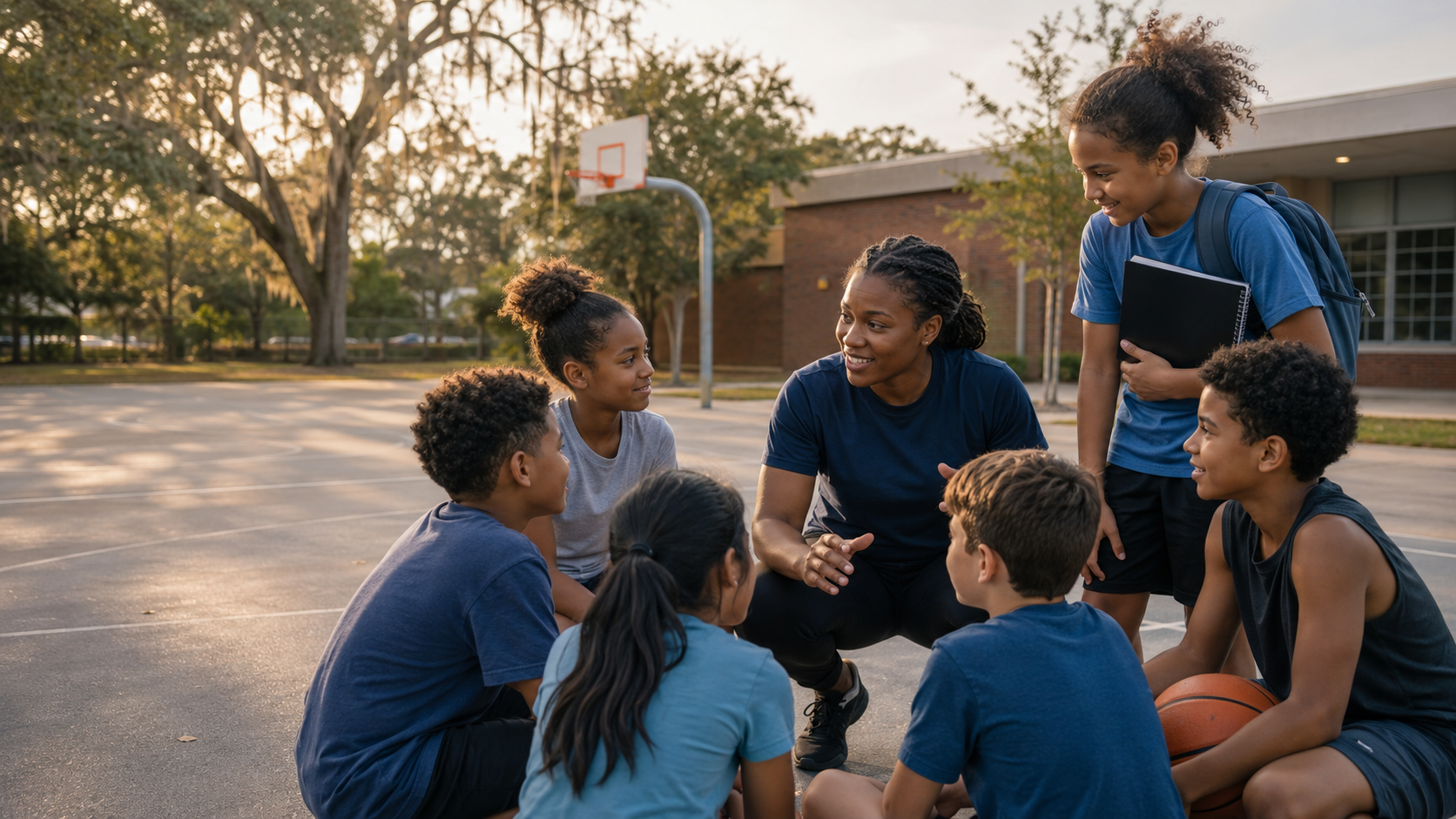An NMB coach talking with youth on the basketball court