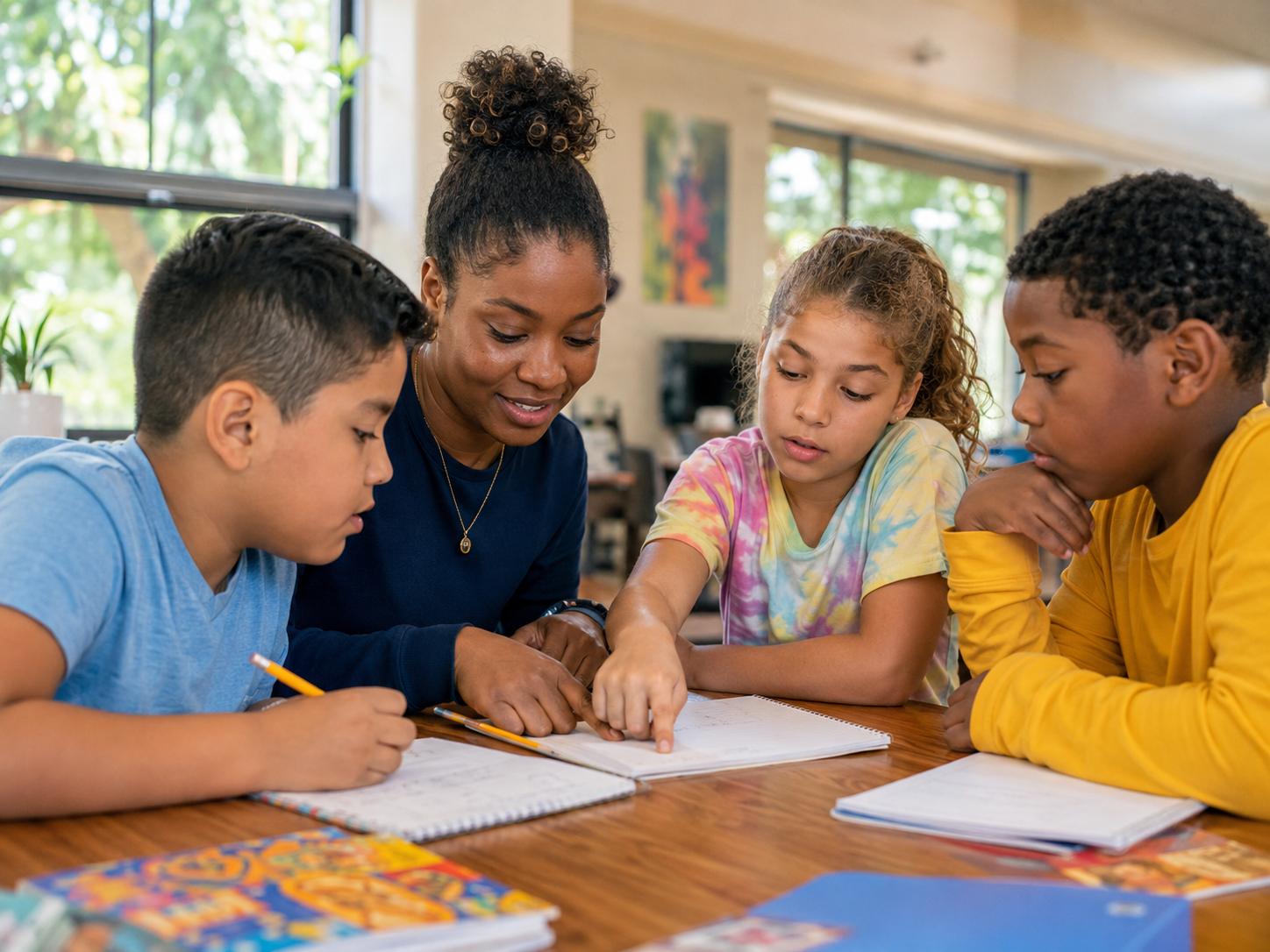 A tutor working through homework with three students